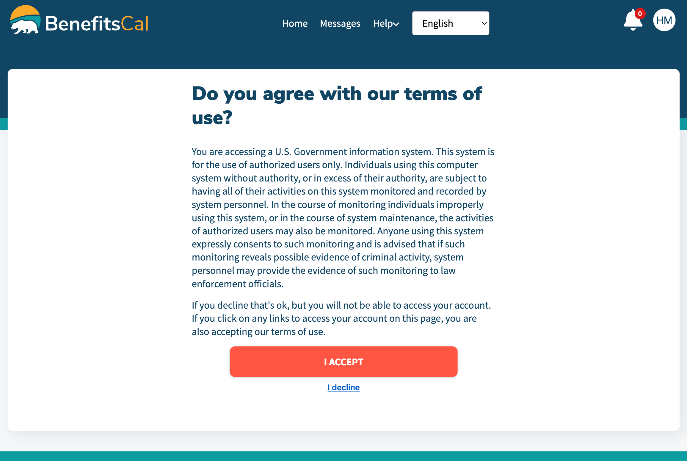 CalFresh Login Step 2: Accept BenefitsCal's Terms and Conditions to complete your C4Yourself Login